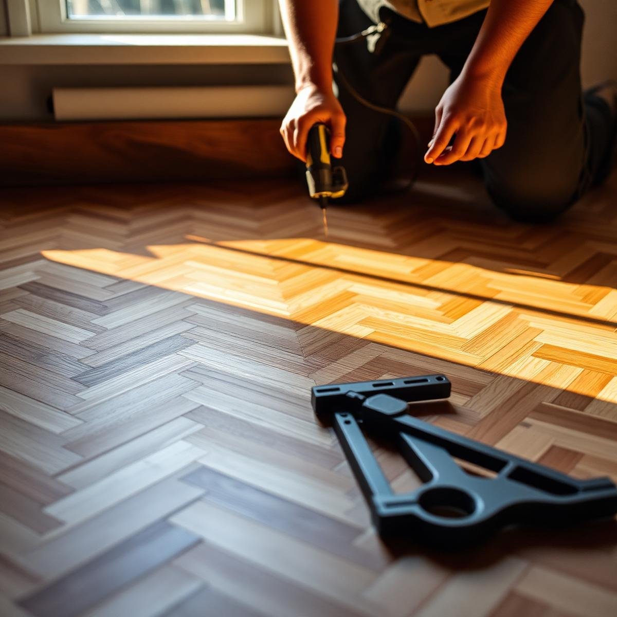 Master craftsman installing herringbone parquet